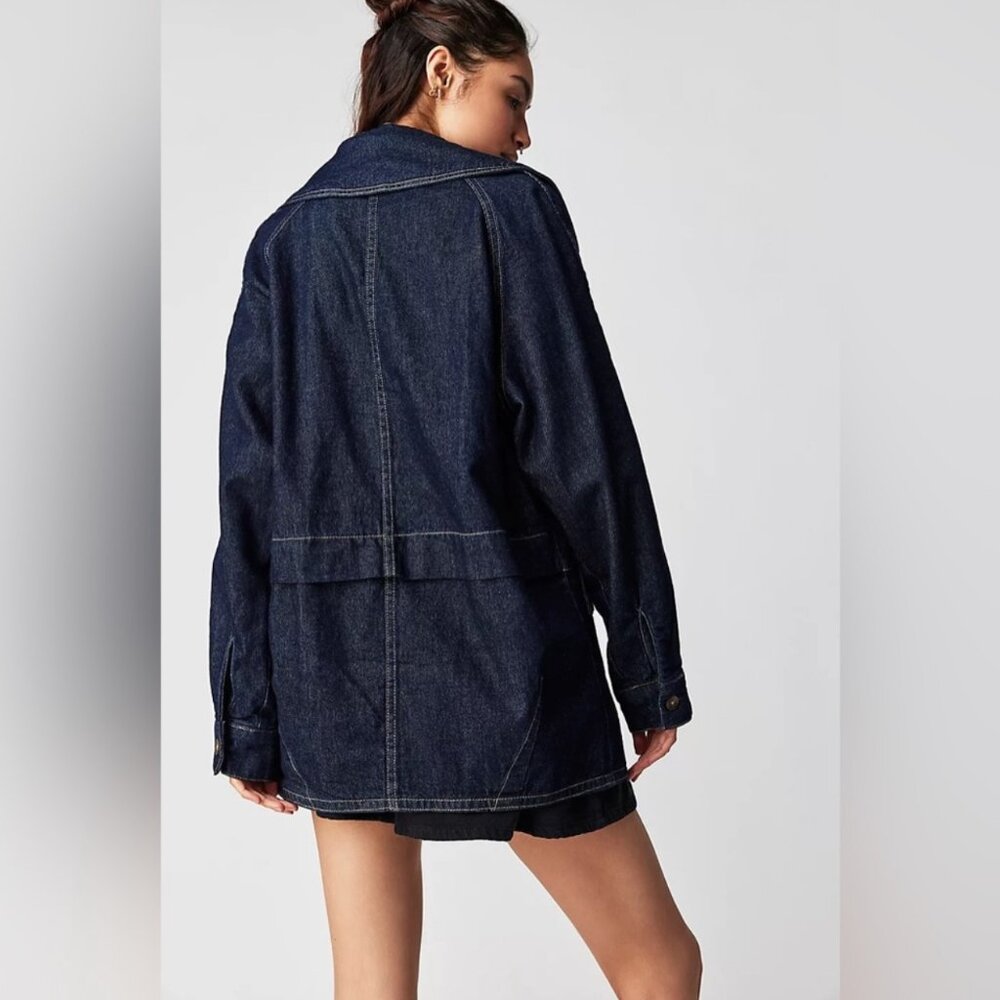 Free People Denim Car Coat NWOT oversized Size XS - Picture 3 of 11